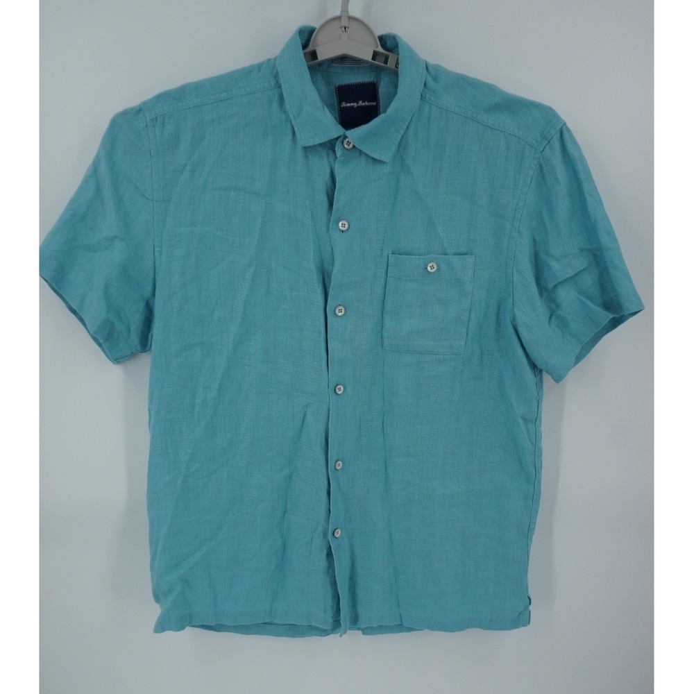 Tommy Bahama Button Up Shirt Mens Large Turquoise Blue 100% Linen Camp Short Slv